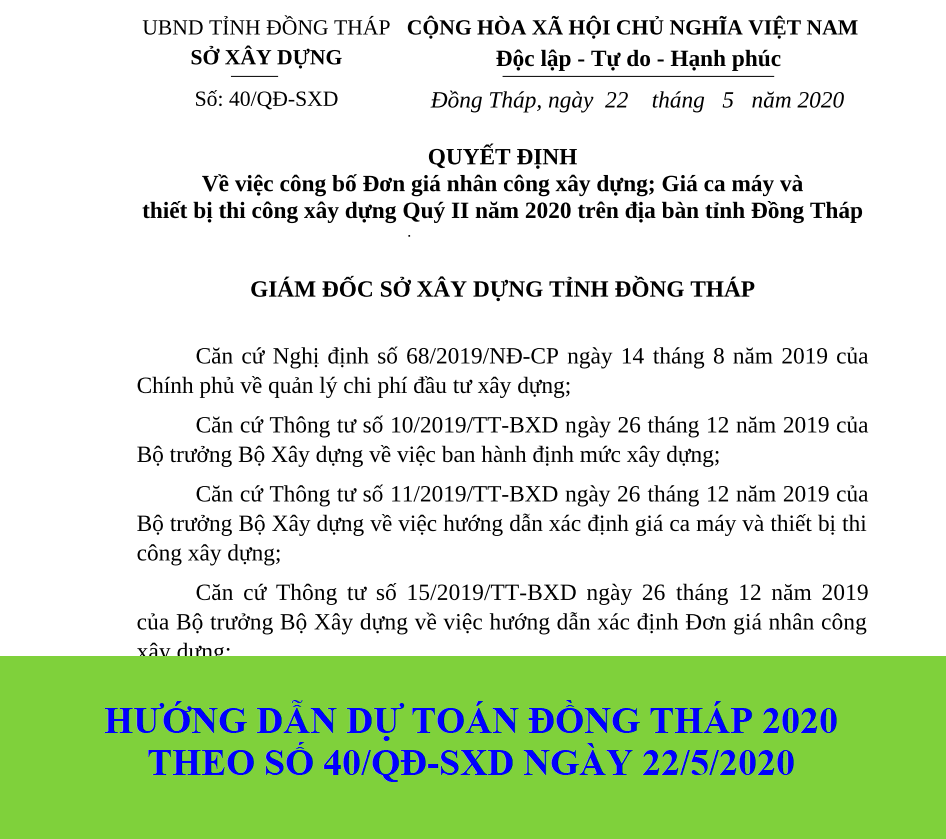 Hướng dẫn dự toán Đồng Tháp 2020 nhân công, máy thi công theo Quyết định 40/QĐ-SXD ngày 22/05/2020
